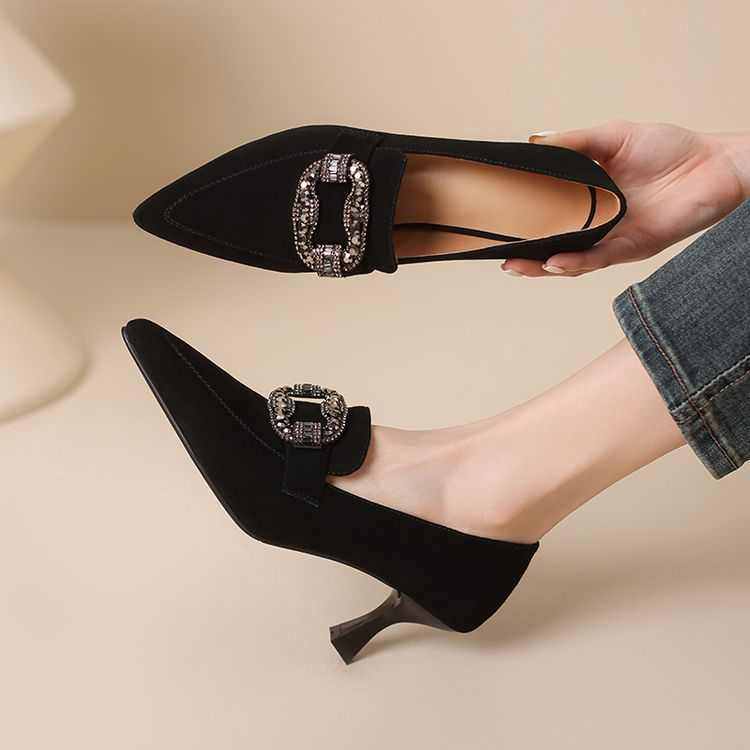 2025气质春秋新款尖头方扣水钻深口高跟单鞋女细跟不累脚女鞋,女鞋,深口单鞋,淘宝优惠券,粉丝福利购,淘宝优惠卷