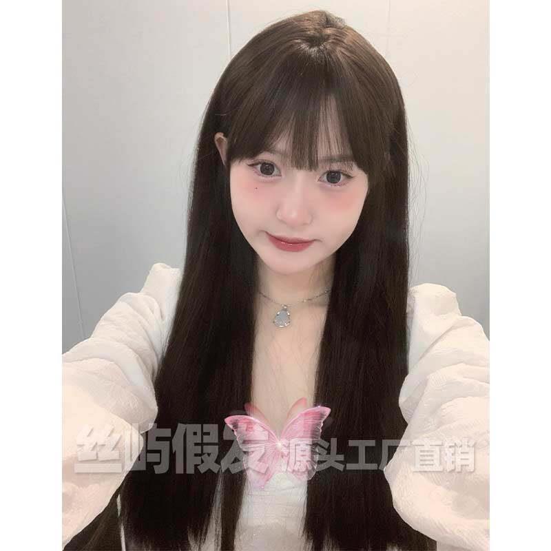 丝屿假发女长发一刀切棕色长直发圆脸lolita自然全头套黑长直假发