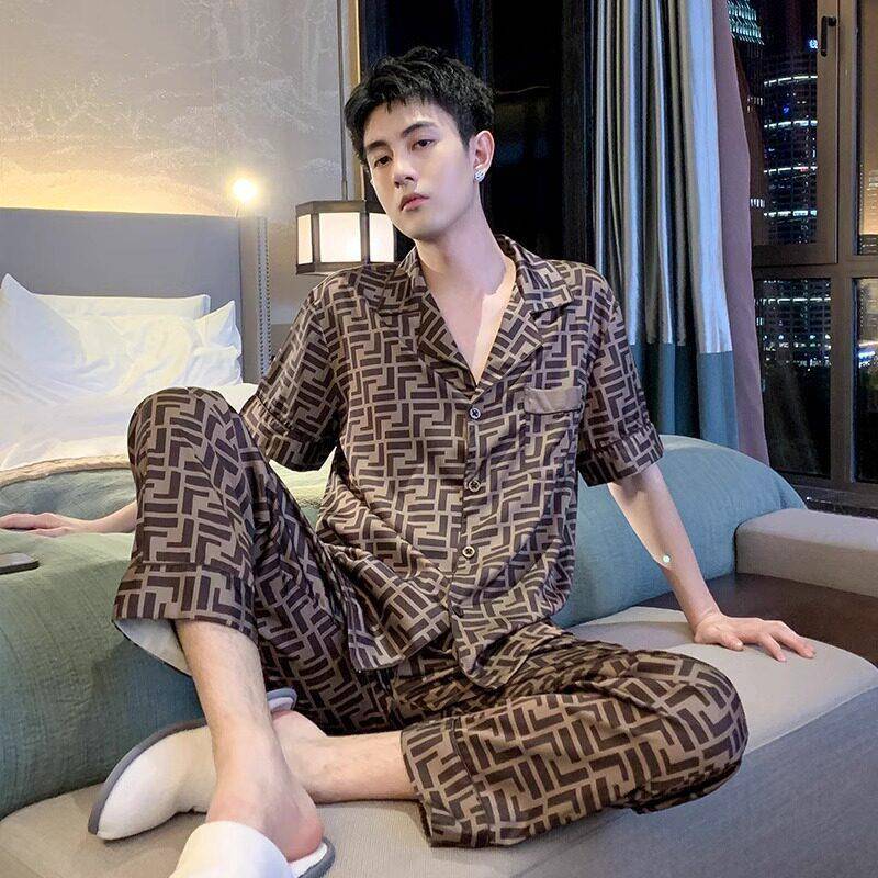 大牌高端冰丝男士睡衣夏季潮牌宽松大码薄款凉感可外穿家居服套装