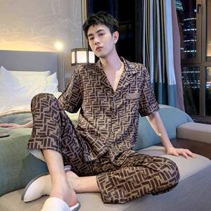 大牌高端冰丝男士睡衣夏季潮牌宽松大码薄款凉感可外穿家居服套装