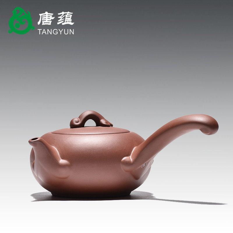 宜兴功夫茶中式家用紫砂侧把跑茶壶全手工正品朱泥紫泥横把唐羽壶