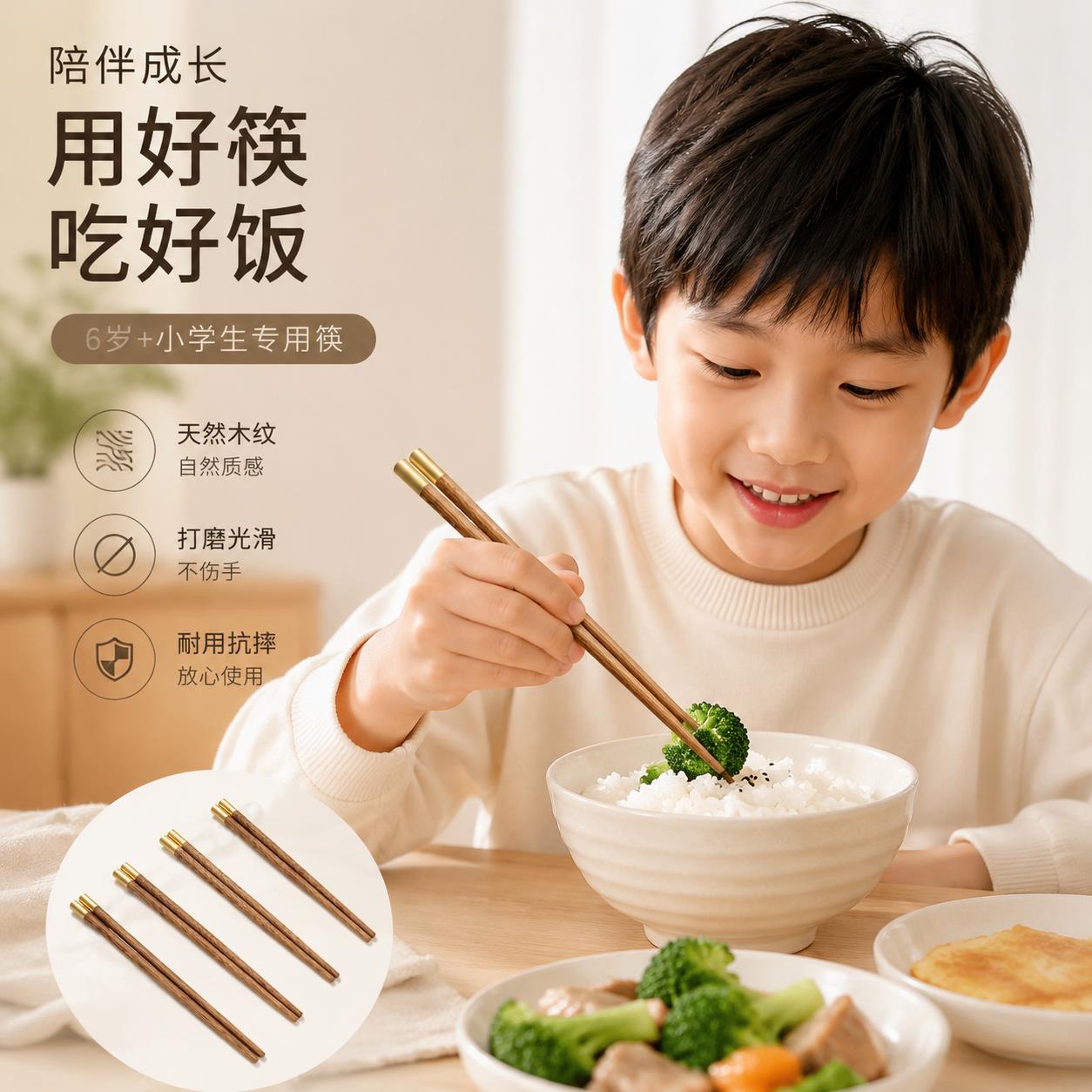 儿童筷子6岁以上小学生专用鸡翅木无漆无蜡食品级木质短款防霉筷