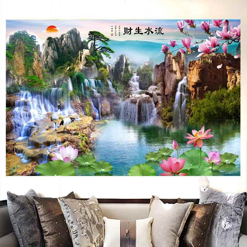 背景墙山水画流水生财贴纸墙画有山有水有荷花风景壁画客厅装饰画图片