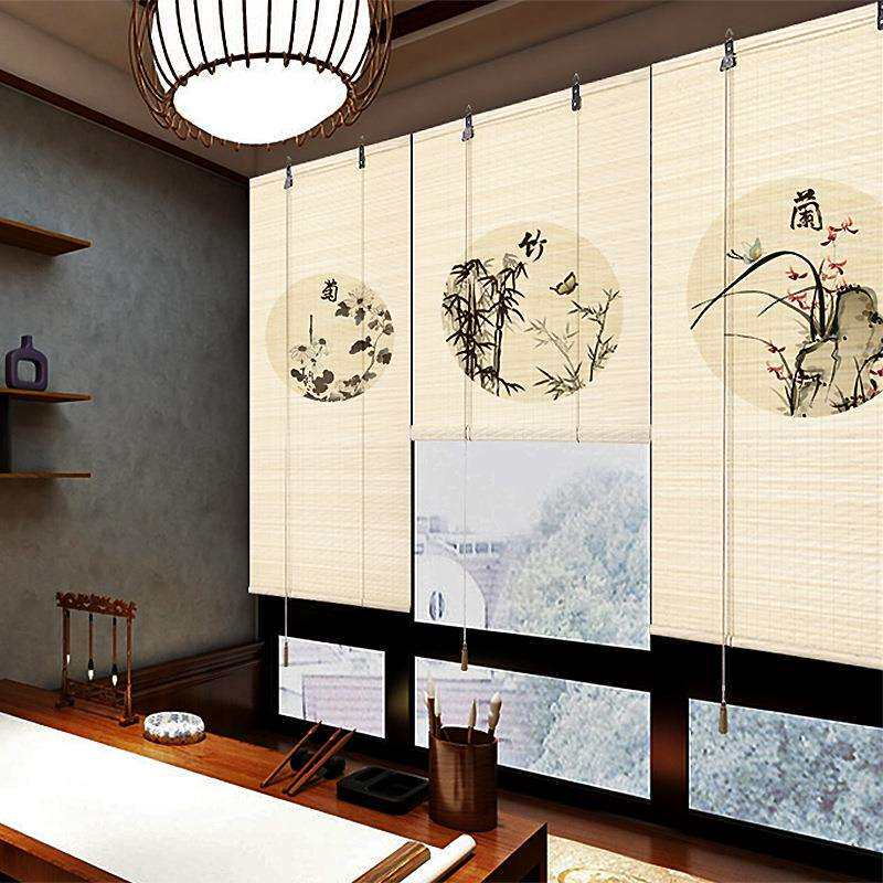 茶室中式禅意玄关隔断背景装饰窗帘卷拉式印花山水画竹帘卷帘竹丝