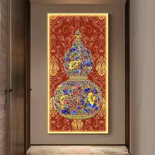 新中式入户玄关装饰画珐瑯彩葫芦走廊尽头挂画客厅背景墙高档壁画