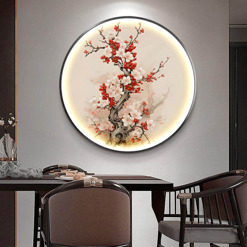 新中式梅花图圆形发光装饰画客厅玄关LED灯光画花鸟餐厅茶室挂画图片