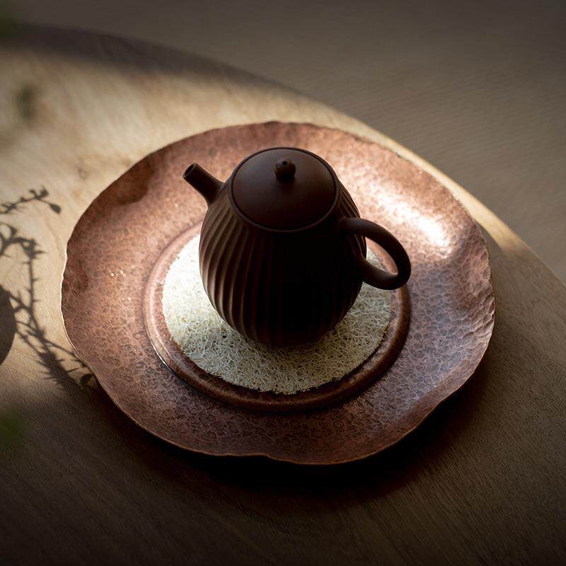 锤纹壶承纯铜干泡盘手工荷叶小茶盘茶壶托盘茶托壶垫茶具配件