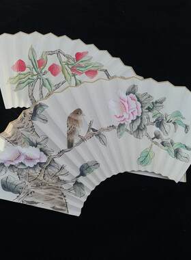 手绘花鸟山水梅兰竹菊超薄苏工宣纸扇面反面可定制题字文玩扇子用