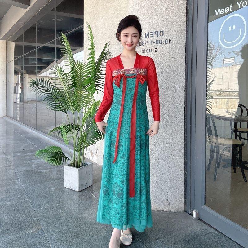 新款古典舞演出服女飘逸身韵纱衣齐胸练功服民族舞蹈服红绿色长裙