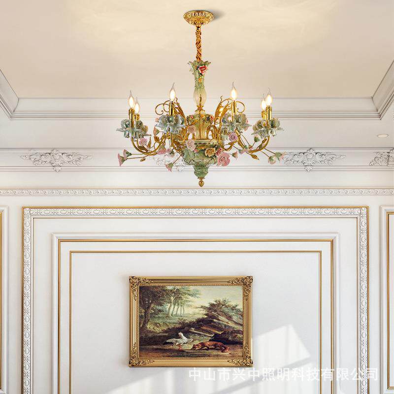 法式田园花朵陶瓷全铜吊灯欧式别墅平层客厅餐厅卧室书房创意灯具