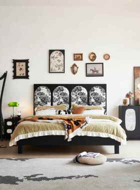 法式床1米8双人床中古风实木床美式主卧红橡木覆古床软包黑色公主