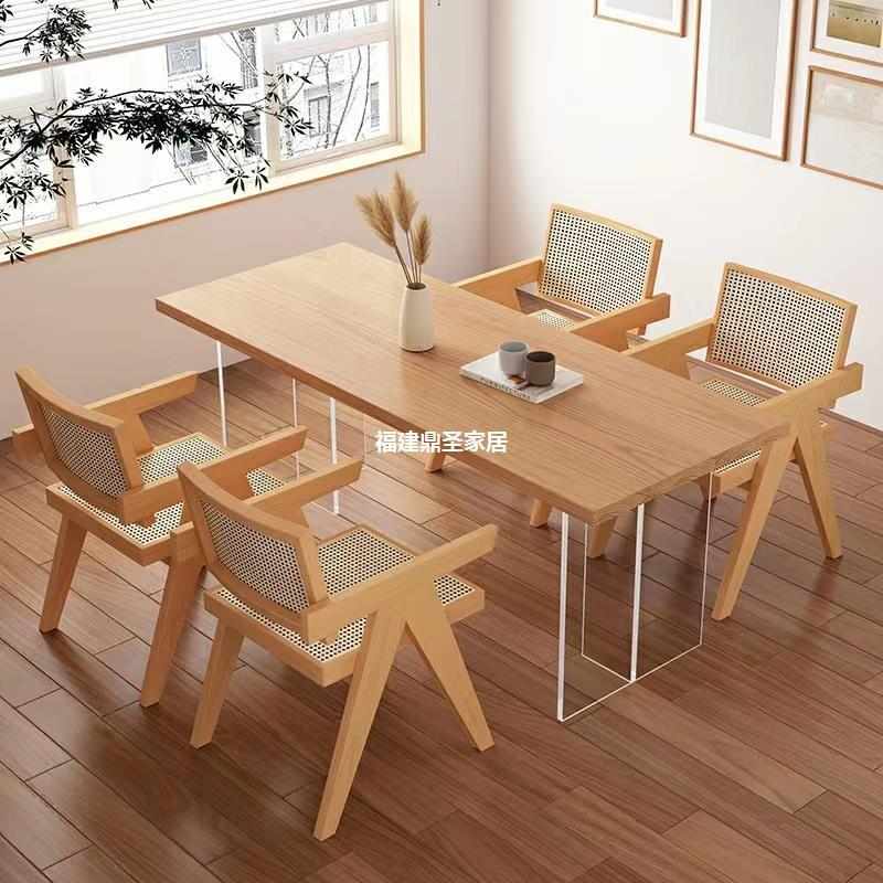 北欧设计悬浮实木餐桌 网红亚克力透明长桌 白色茶桌悬空展示桌