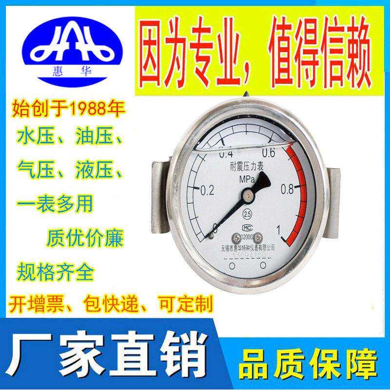 充油加液防震抗震耐震压力表YN-50ZU轴向无边卡子不锈钢壳铜芯