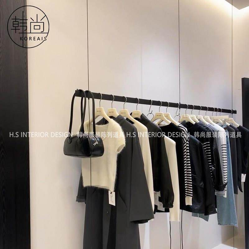 服装店上墙展示架不锈钢黑色悬挂衣架钢丝悬吊式天花板货架女装专