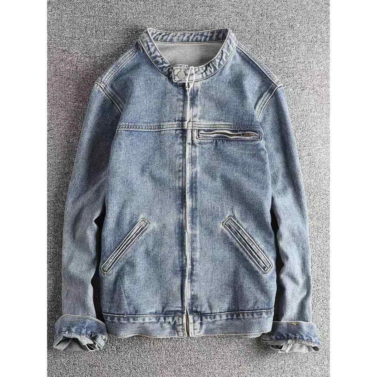 代购香港潮男秋冬美式水洗拉炼口袋做旧覆古立领牛仔男士夹克外套