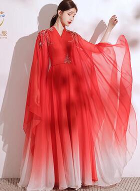 新款古筝演出服成人女红色中国风显瘦优雅长裙学生艺考独唱表演服