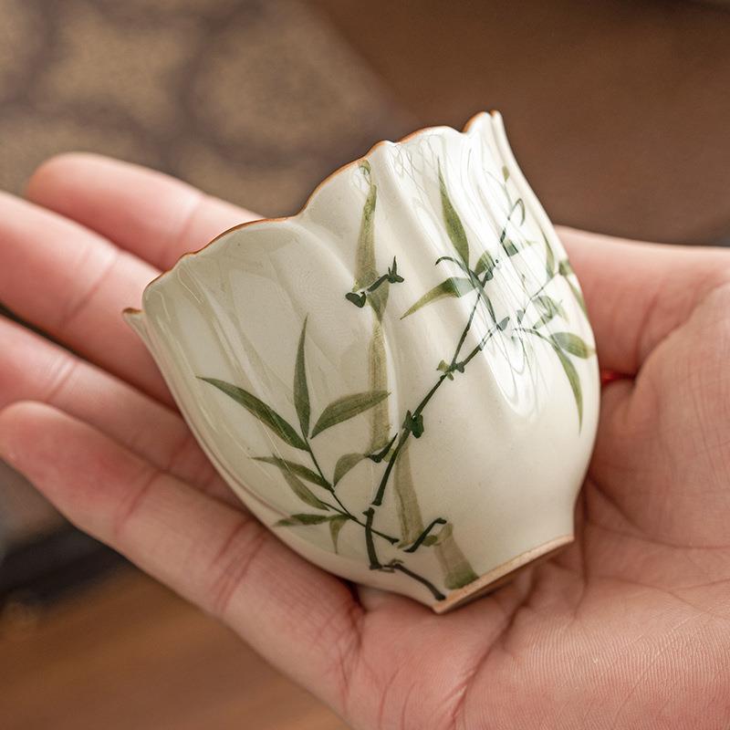 厂家翠绿文竹花型茶杯主人杯陶瓷功夫喝茶小杯子草木灰闻香品茗杯