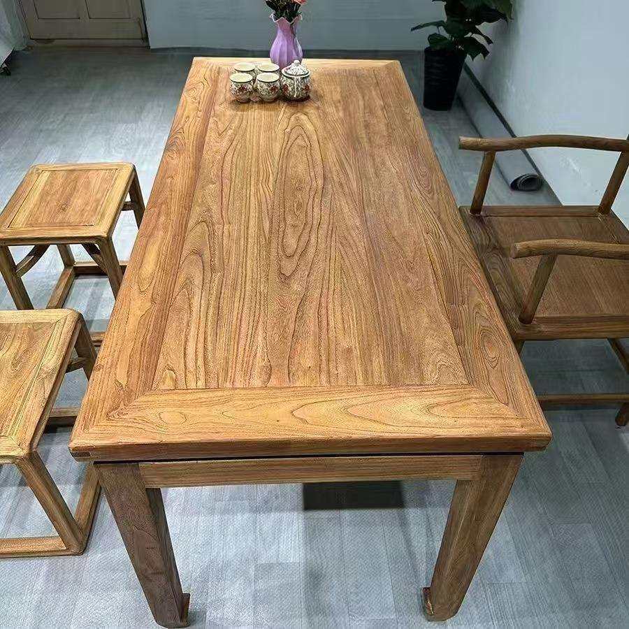 新中式老榆木实木桌学生画桌家用办公民宿书桌长桌椅中式餐桌茶桌