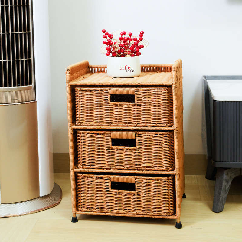 北欧风床头桌双层卧室简约小柜子床头柜家用储物床边柜仿藤编