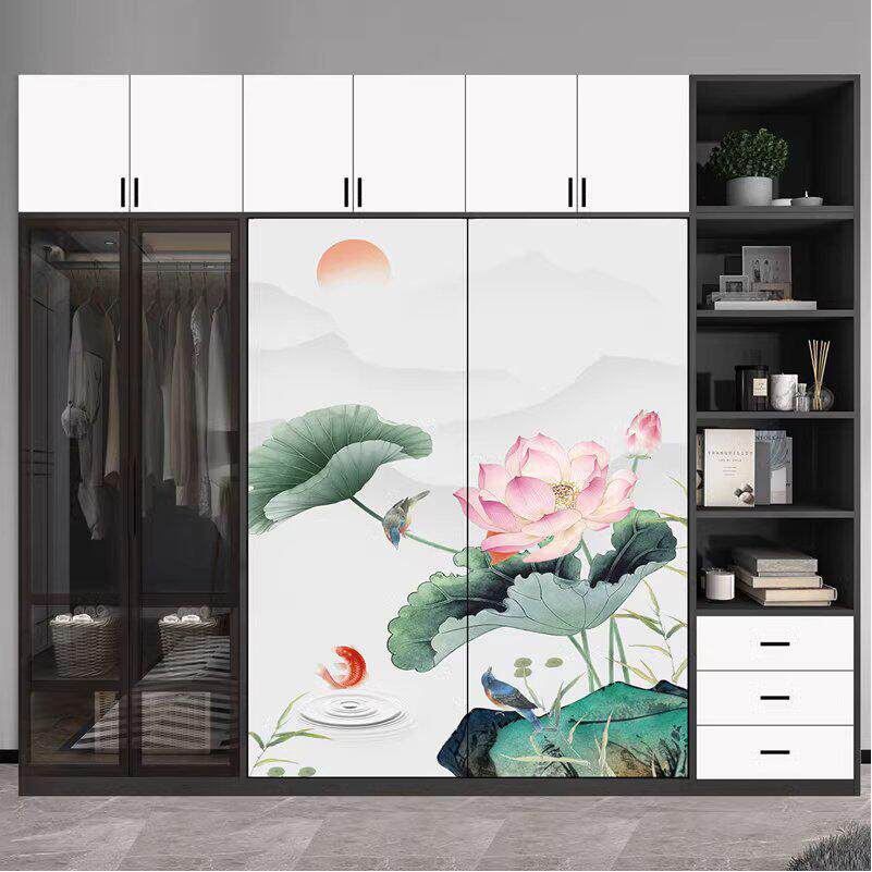 新中式推拉门 钢化玻璃彩绘衣柜门定制 山水画移门定做衣橱壁柜门
