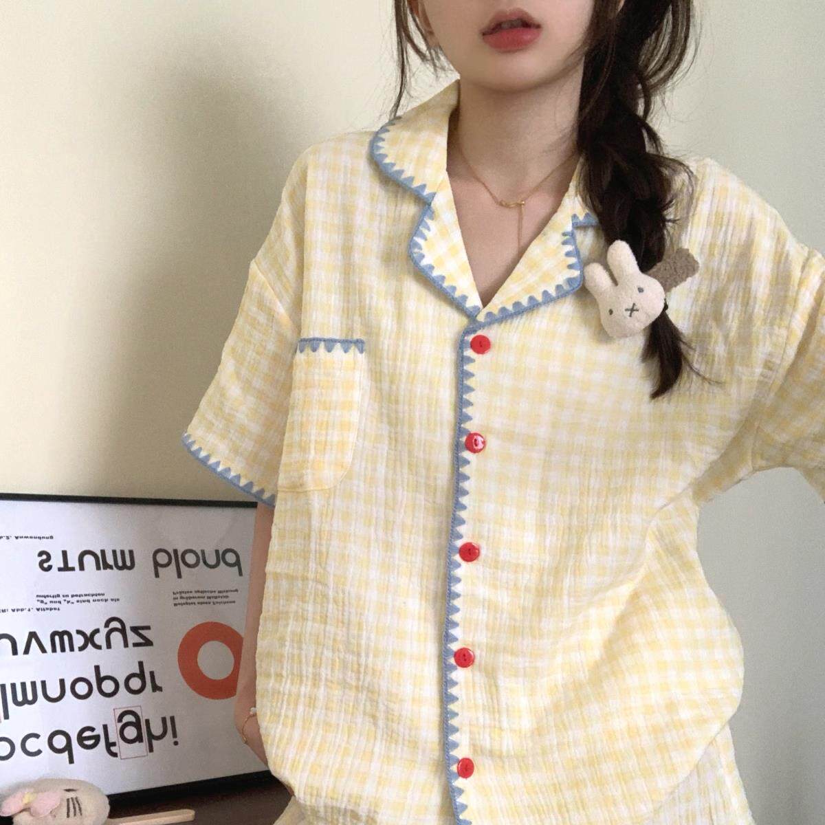 夏季可爱撞色格子棉纱睡衣女款夏2025新款短袖套装双层纱布家居服