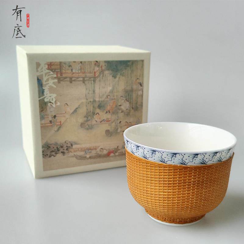 竹丝扣瓷青花主人杯功夫茶具礼盒装商务出国送礼非遗瓷胎竹编茶具