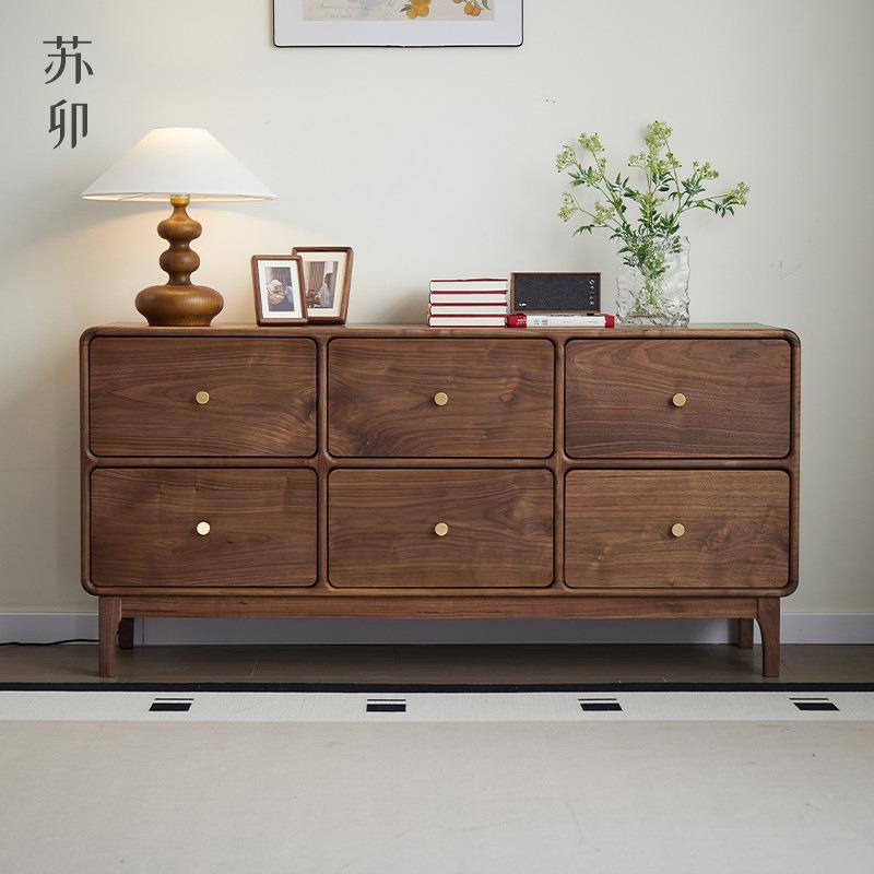 苏卯新中式六斗柜卧室抽屉实木边柜收纳柜靠墙客厅黑胡桃木储物柜