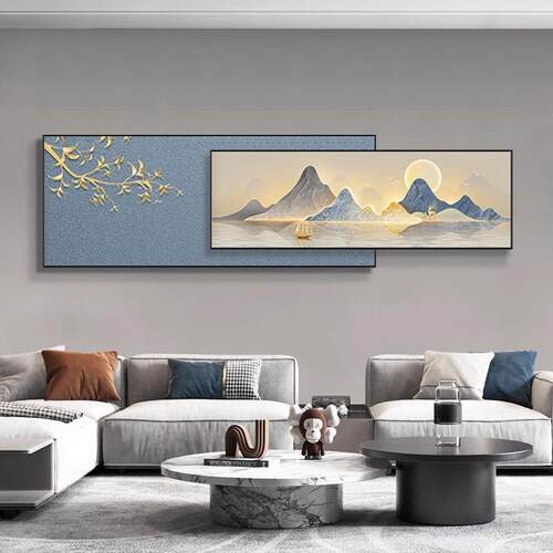 现代轻奢客厅装饰画新中式大气叠加山水画背靠金山沙发背景墙挂画