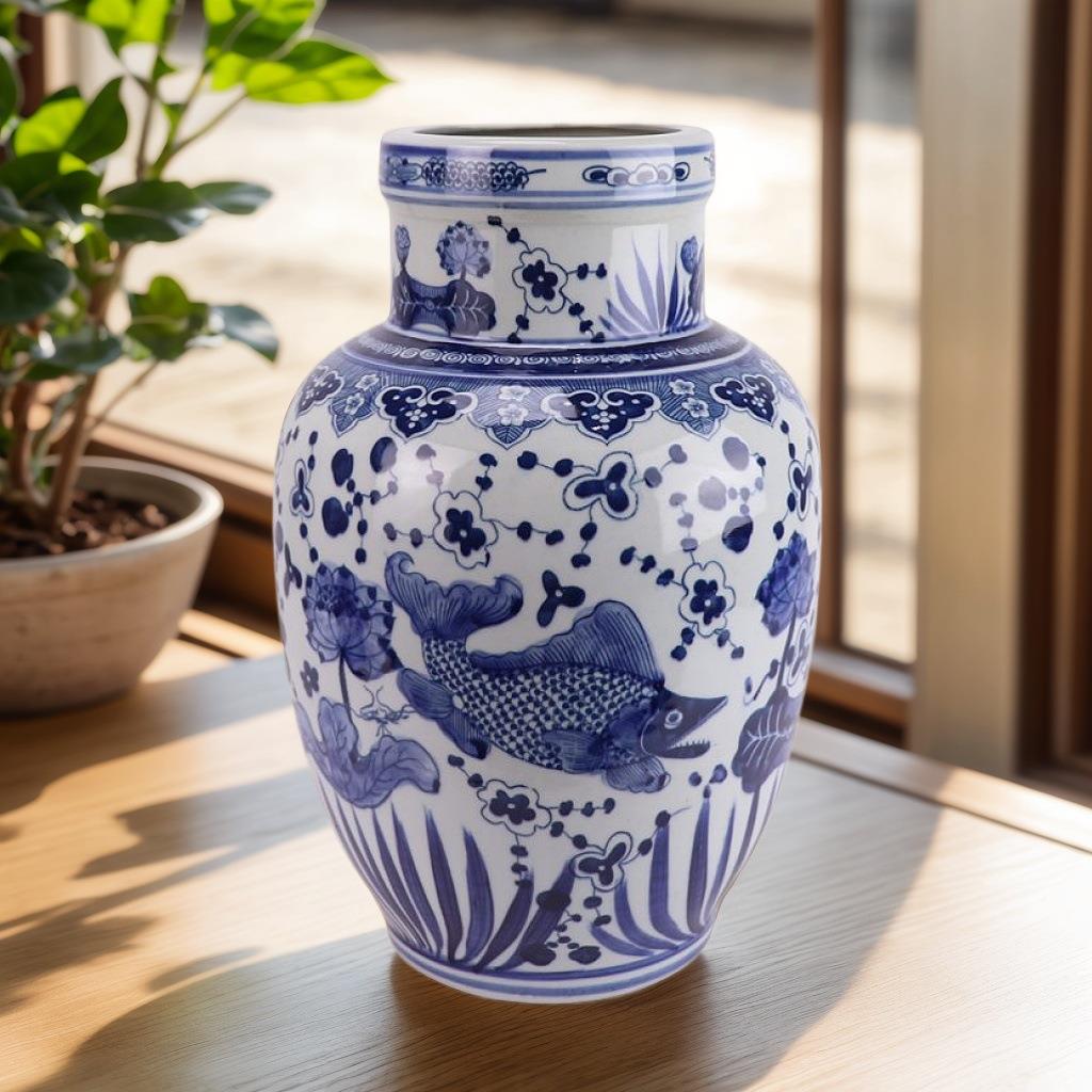 中式复古青花大花器鱼藻纹花瓶喜字陶瓷花瓶客厅玄关餐桌插花摆件