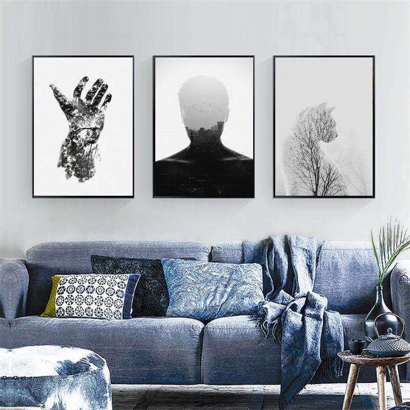 现代简约客厅装饰画三联餐厅抽象人物挂画黑白竖版北欧玄关壁画