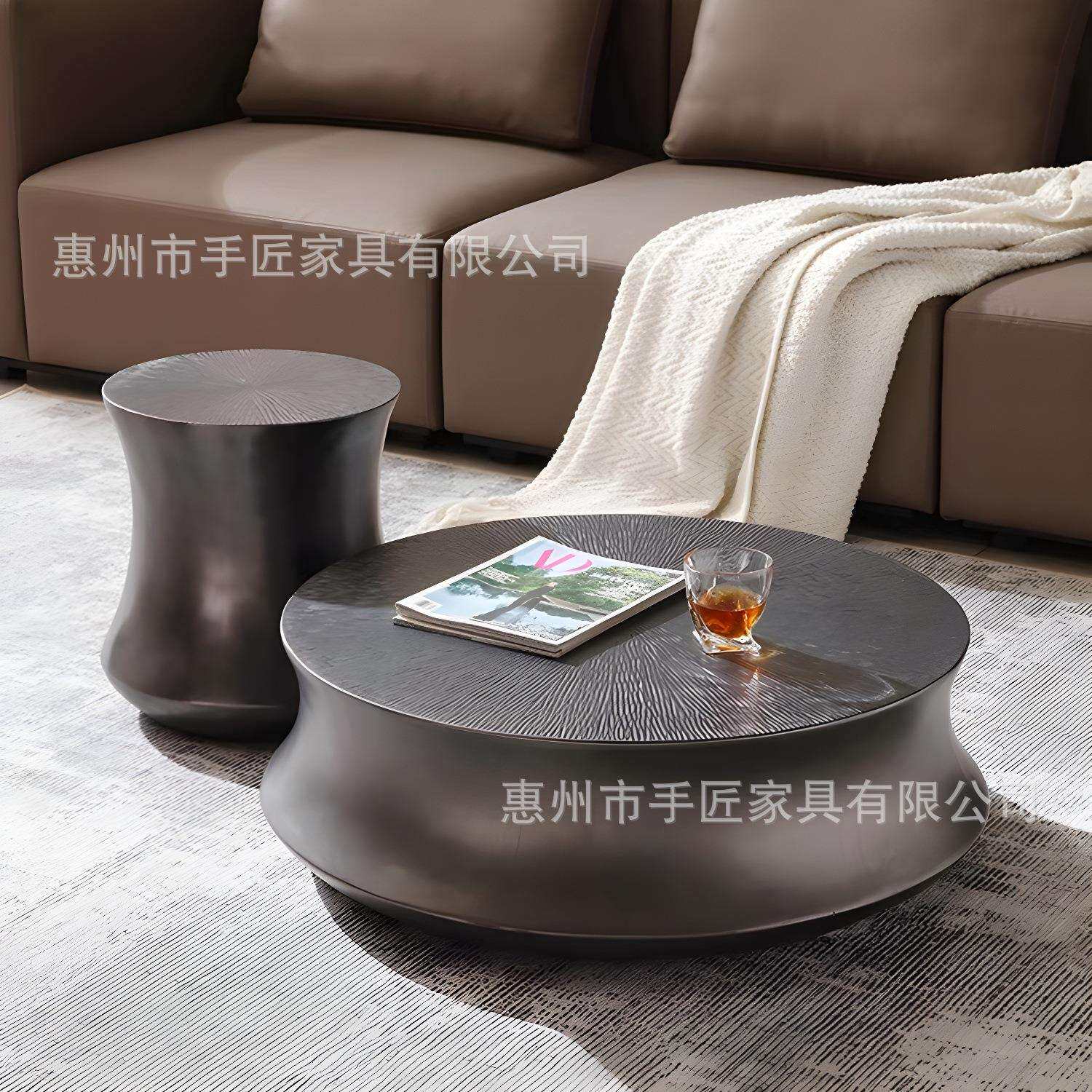 创意别墅酒店样板房玻璃钢圆形鼓形底座咖啡桌现代设计师客厅桌子