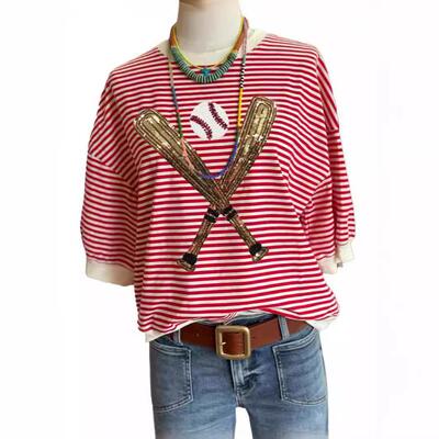 Women's cotton sequin rugby stripe T-shirt
