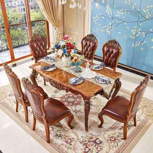 欧式 餐桌椅组合家用实木饭桌长方形小户型吃饭桌子复古大理石餐桌