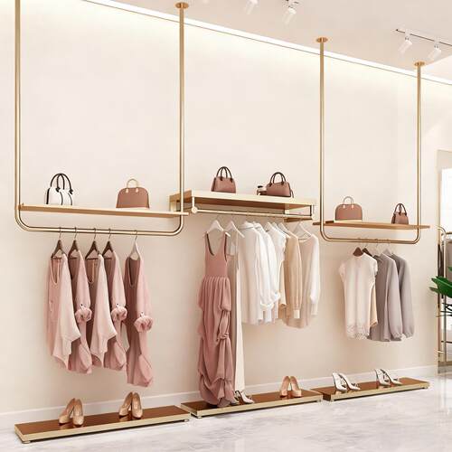 服装店展示架不锈钢钛金上墙壁挂式女装店专用衣服陈列货架吊挂杆