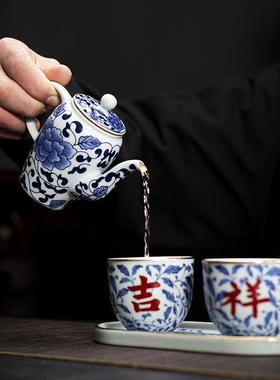 粗陶复UQP古花瓷提梁壶缠枝莲陶器瓷青复古风日式沏茶壶茶泡单壶