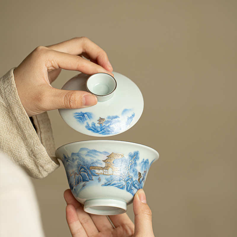 碗全功夫茶具泡茶碗青花三才陶瓷手工敬茶茶具景德镇家用山水盖碗