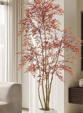 高级仿生绿植轻奢客厅玄关大型落地装饰仿真红叶南天竹假植物造景