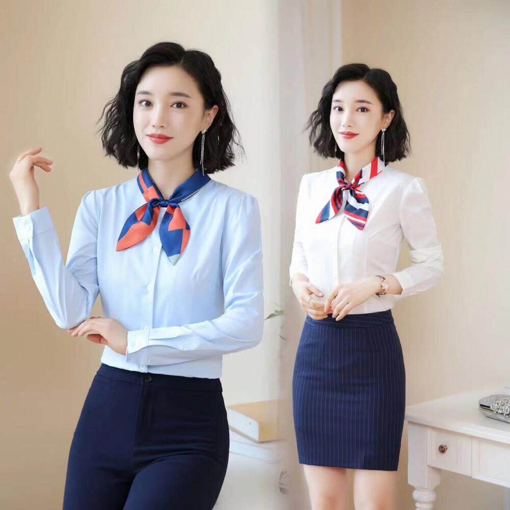 职业装飘带衬衫女酒店饭店前台收银员工作服衬衣商场导购工装上衣