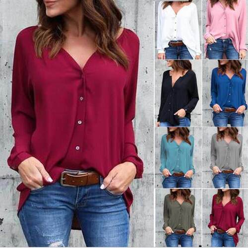 Women V-neck T Shirt OL Tops Casual ladies Chiffon shirts5XL
