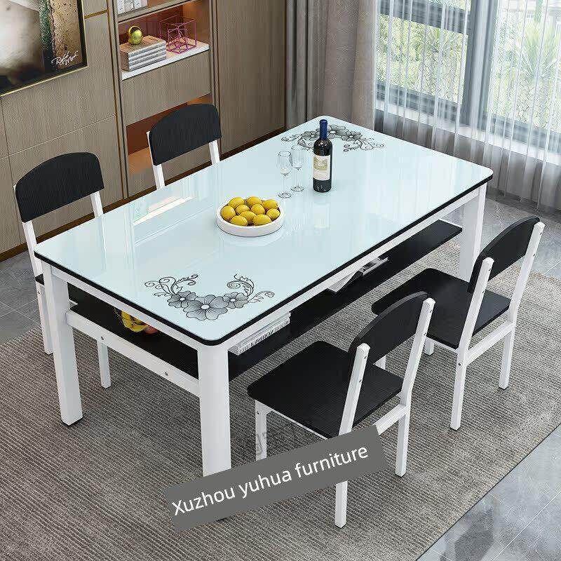 长方形双层餐桌小户型家用餐桌椅组合钢化玻璃家用多人吃饭小桌子