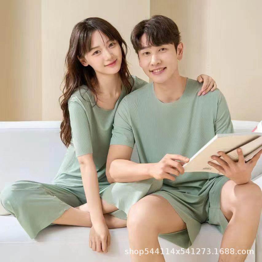 冰丝睡衣男女夏季新款薄圆领高级感青少年大码家居服短裤两件套装