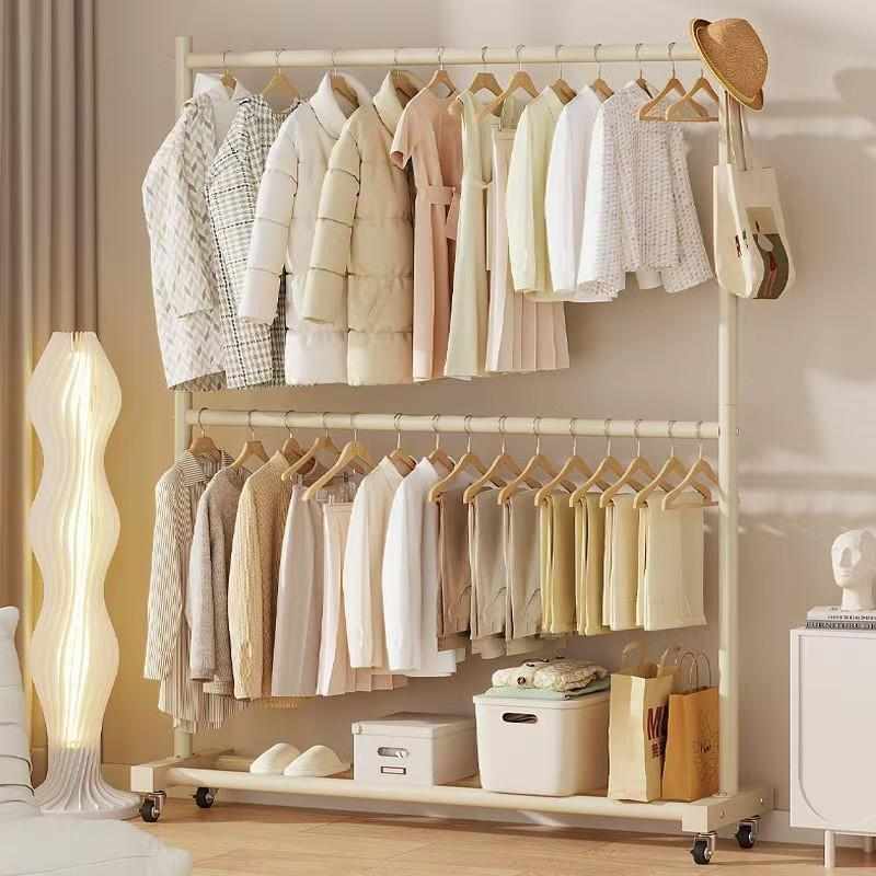 用移动卧室双层晾衣置服装店挂衣收纳落地衣帽架架杆简易物内家服