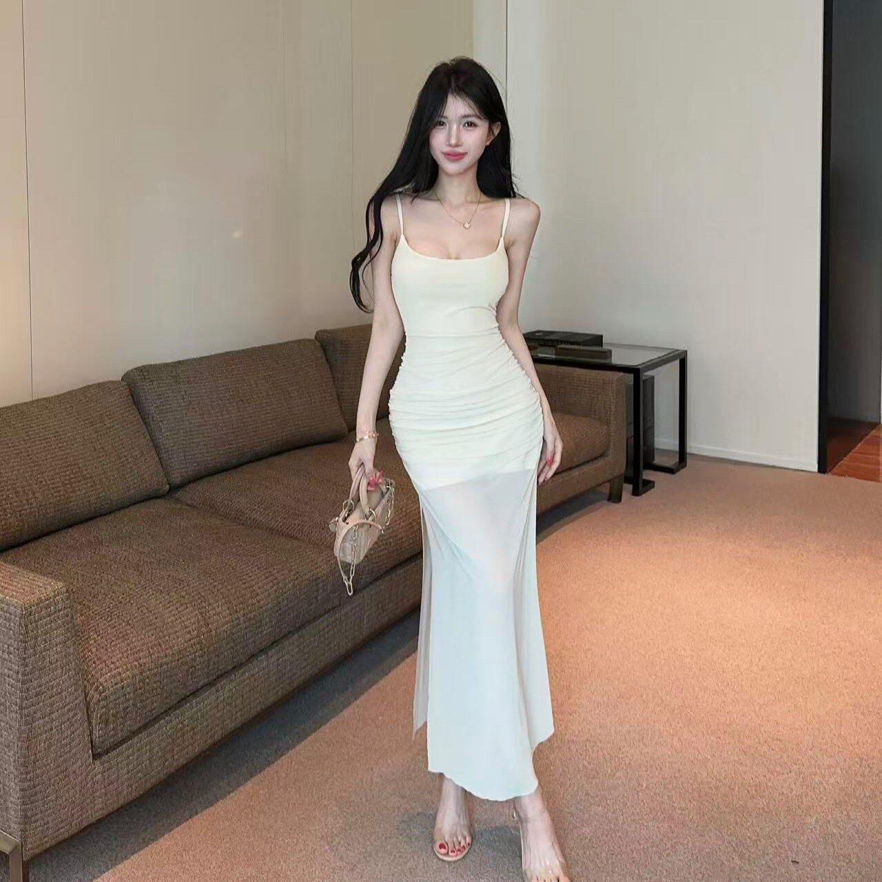性感低胸辣妹纯欲气质长款夜场店简约网纱吊带收腰包臀打底连衣裙