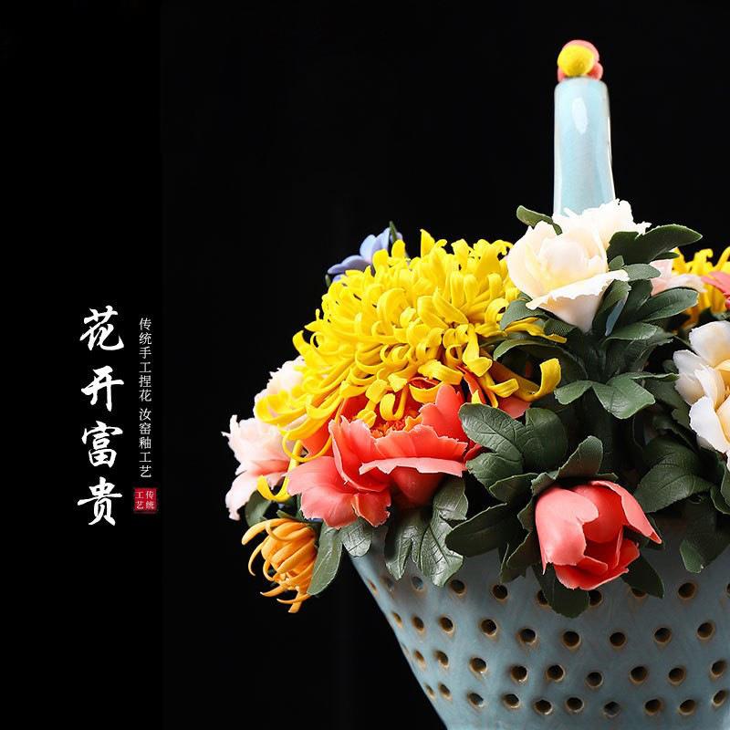大师手工陶瓷非遗汝瓷花开富贵花篮摆件桌面办公室客厅礼新中式