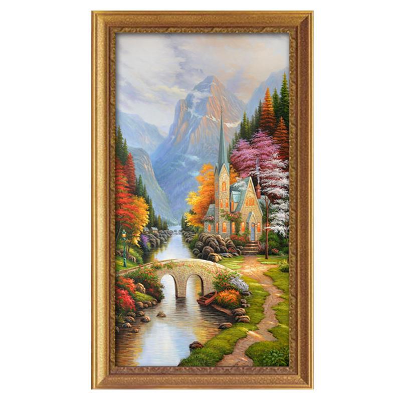 山水油画竖版玄关装饰画美式客厅挂画欧式走廊过道风景聚宝盆