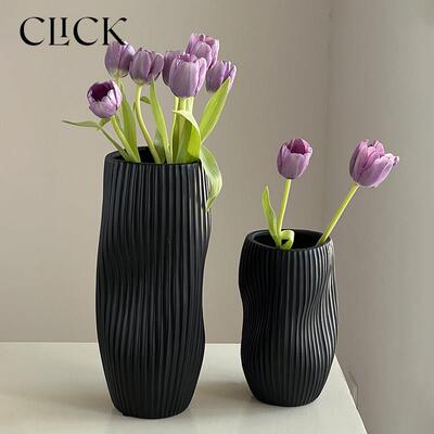 click北欧轻奢风陶瓷花瓶花器简约波纹线 线条黑白餐桌商用层板摆