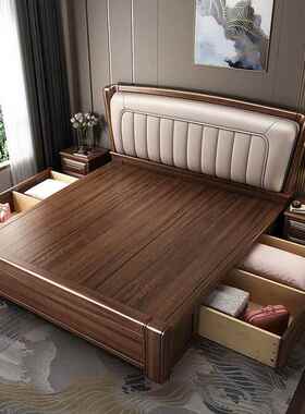 胡背桃木实床卧中式轻奢2025年木新款软包靠家用61室高箱储物双人