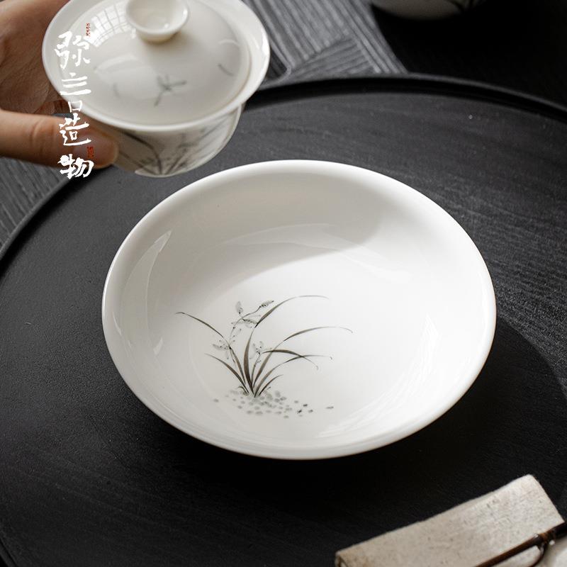 弥言纯手绘兰花圆壶承白瓷家用简约干泡盘中式茶点盘茶盘陶瓷托盘