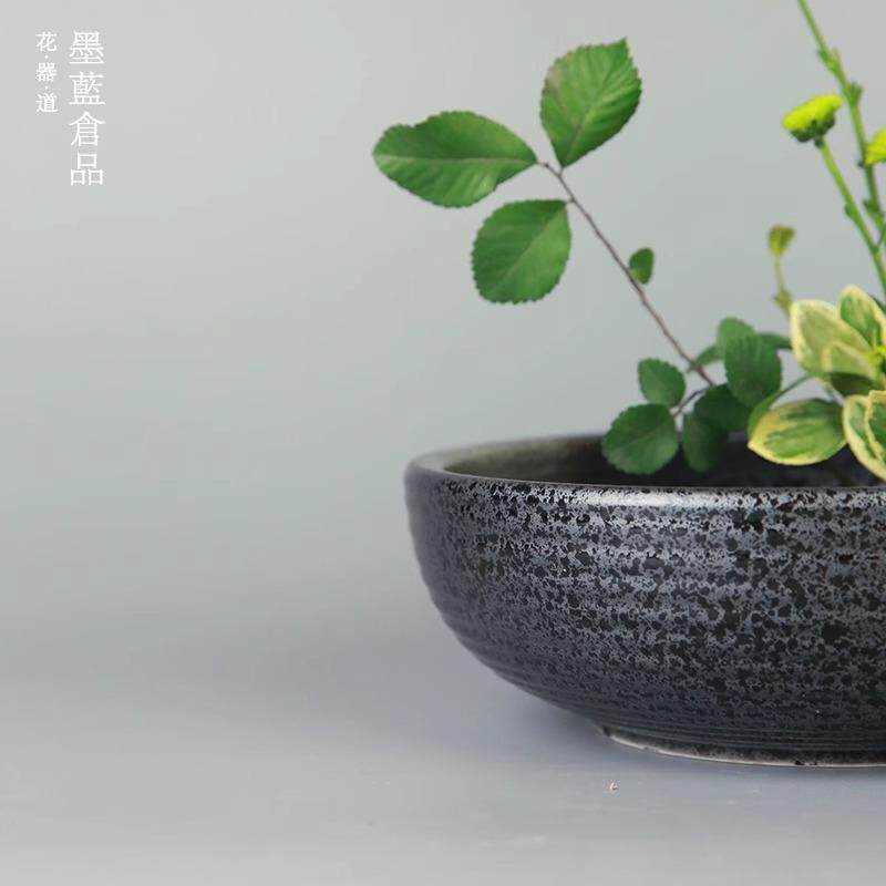 墨黑陶瓷螺纹花器LLW-01禅意古中式插花器皿日式复花碗花道盘剑山
