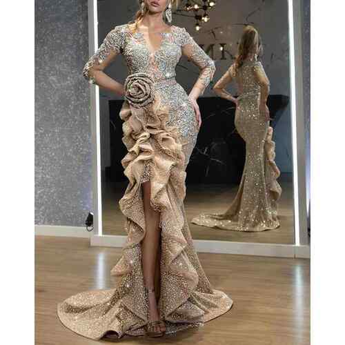 Women's single gold long sleeved banquet dress with